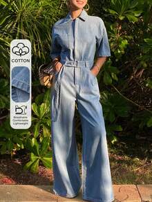 DAZY Mono vaquero casual de mujer con cuello de solapa, manga corta, cintura ceñida y silueta recta suelta - Azul lavado medio - Ver 1