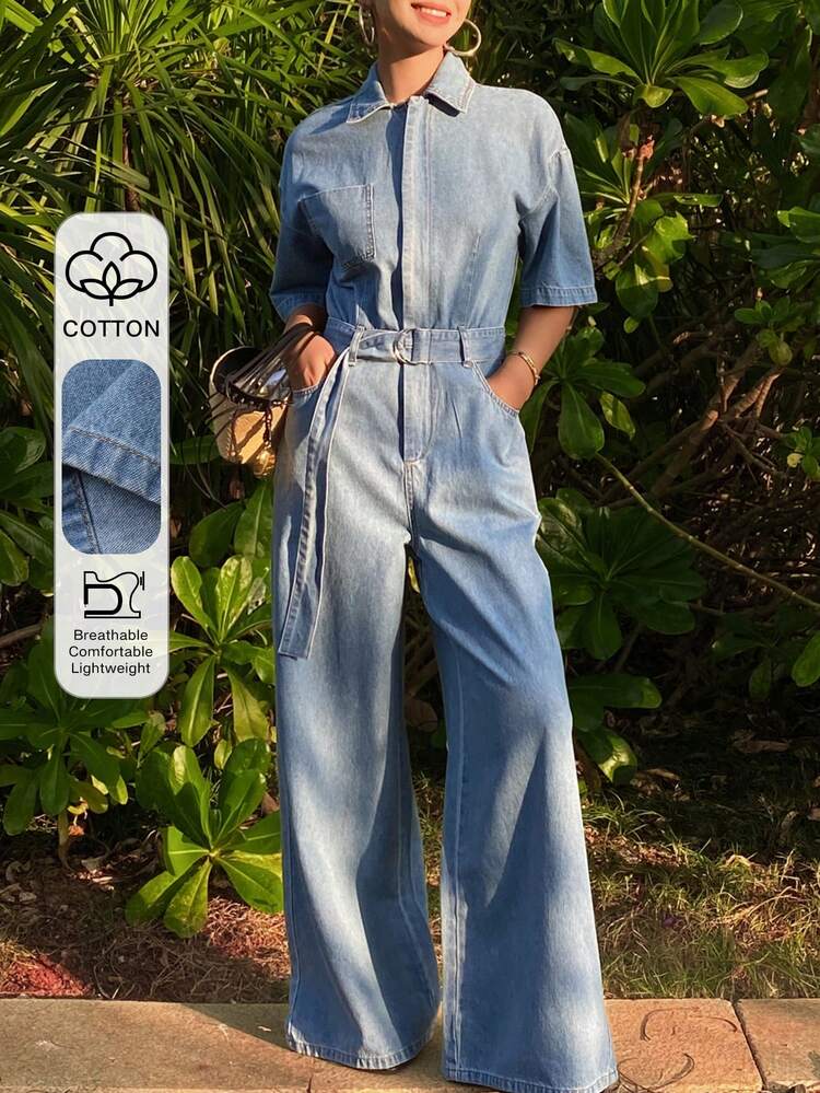 Women's Lapel Short Sleeve Cinched Waist Waist Loose Straight Casual Denim Jumpsuit