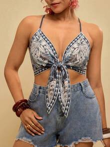 Travachic Áo hai dây cỡ lớn dành cho nữ, in họa tiết hoa, thiết kế xoắn, xếp ly, thích hợp cho các buổi hẹn hò và đi chơi. - Nhiều màu - Xem 5