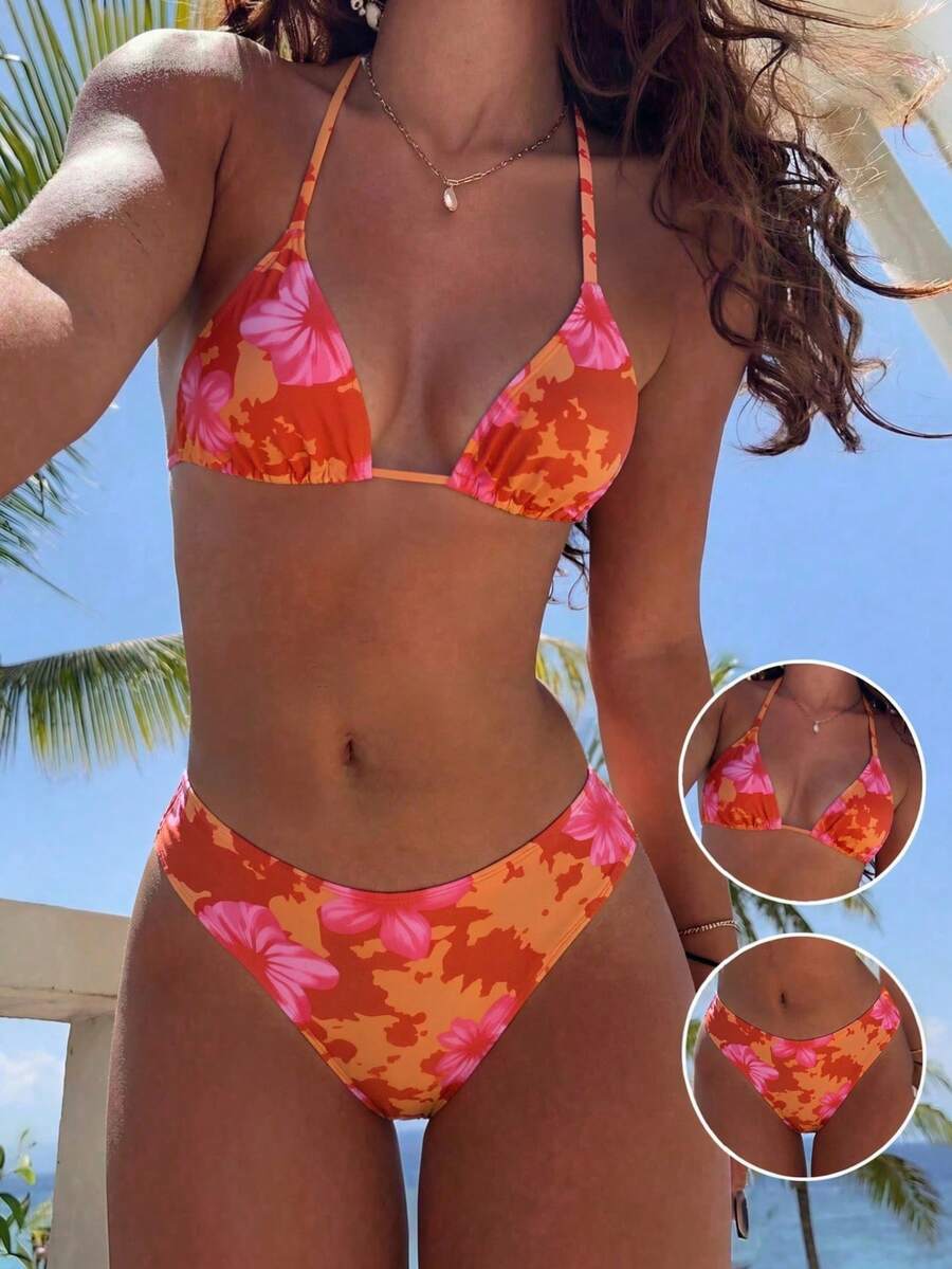 Swim Mod Bộ bikini hai mảnh tam giác, dây mảnh, màu cam phối họa tiết hoa hồng bên hông, cạp cao, thích hợp cho mùa Xuân/Hè 2026 dành cho nữ. - Nhiều màu - Xem 1