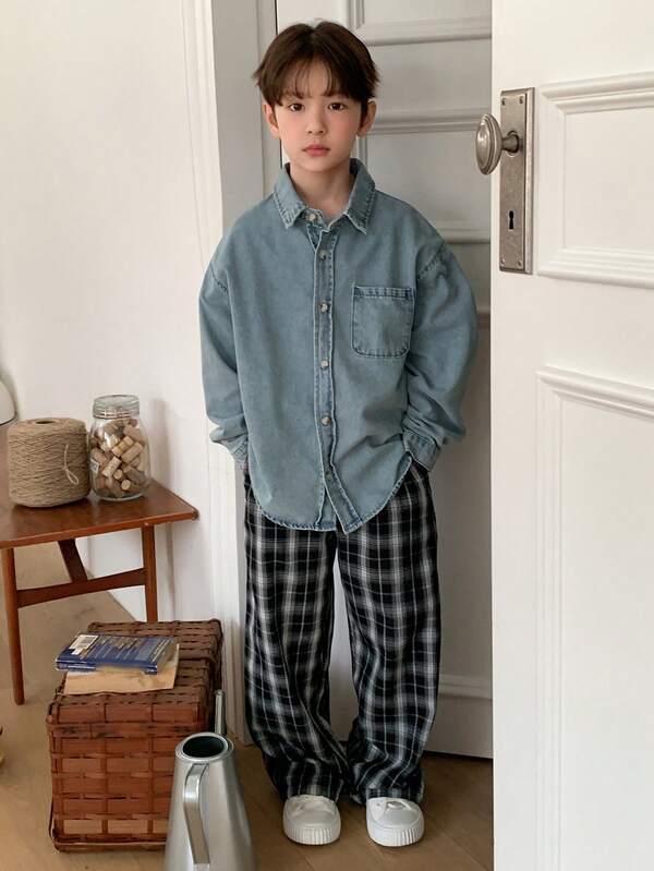 DAZY Tween Boys' Fashionable Drop Shoulder Long Sleeve Button-Up Denim Shirt Spring