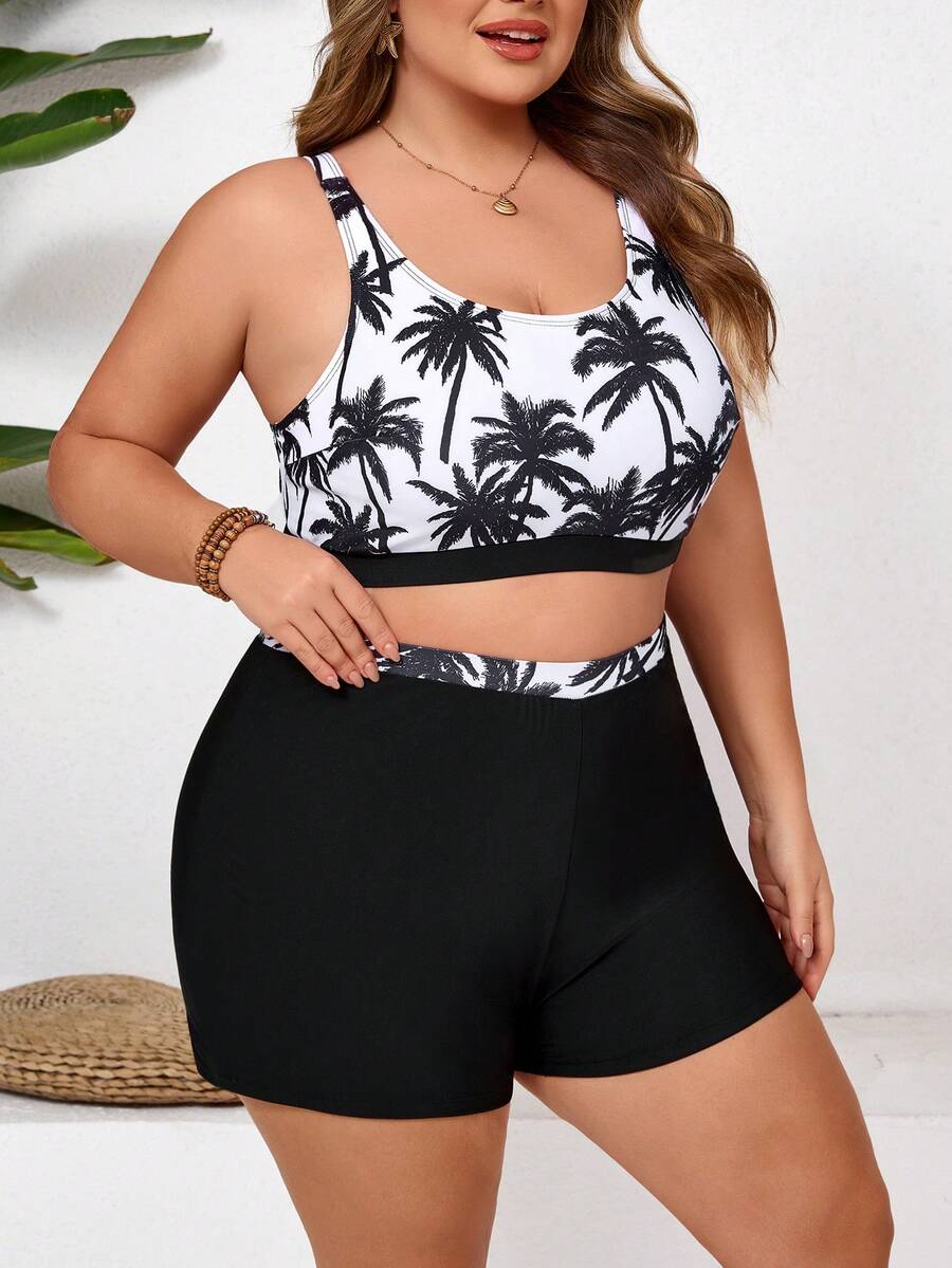 SHEIN CURVE+ Bộ đồ bơi mùa hè in hình cây dừa dành cho nữ cỡ lớn - màu đen - Xem 1