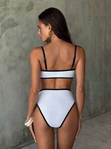 SHEIN Luminelle Summer Vacation Casual White Bikini,Elegant And Simple Women's Beachwear,Beach Vacation Outfits For Women - Black and White - View 2