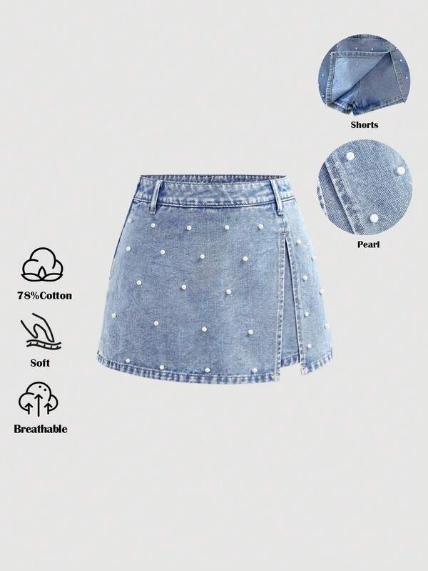 Girlism Minifalda de mezclilla azul con decoración de perlas blancas para adolescentes