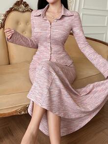 DAZY Women's Elegant Commuter Front Button Blouse And Fishtail Skirt 2 Pieces Set - Pink - View 3