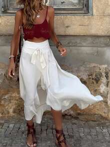 女士纯色荷叶边纹理面料休闲长裙，夏季女士休闲优雅白色不对称系带长款中长裙，完美适用于春夏度假和海滩之旅。白色波西米亚风半身裙 白色长裙 白色荷叶边半身裙 裹身裙 不对称半身裙 沙滩裙 - 白色 - 查看 9