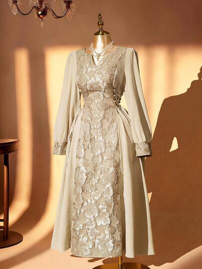 Rometta فستان ماكسي للنساء ذوات الحجم الكبير بياقة على شكل حرف V، قماش جاكار مزخرف بزهور ثلاثية الأبعاد، بأكمام واسعة وتصميم مشدود للخصر، مناسب للشاطئ والسفر والحفلات والمناسبات مثل عيد الحب وموسم الموسيقى وعيد الأم وعيد الهالوين وعيد الشكر وعيد الفصح والعيد الوطني ورأس السنة والمواعيد والأعراس وموسم الخريف/الشتاء