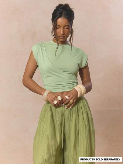 MUSERA Draped Front Detail Crewneck Shortsleeve Top Coord Top Only Cute Spring Holiday Girly Sugar Salt