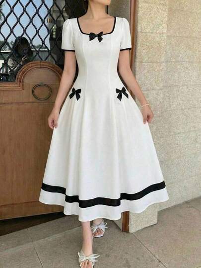 SHEIN Vestido elegante de niña preadolescente con parches y decoración de moño en contraste de colores