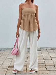 SHEIN EZwear 女士时尚纯色抹胸A字上衣，女士休闲荷叶边下摆，褶皱吊带修身卡其色人造丝纯色衬衫，春夏，派对/夜店装 - 卡其色 - 查看 5