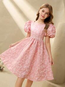 Tween Girl Butterfly Jacquard Round Neck Petal Sleeve Cute Dress - Pink - View 4