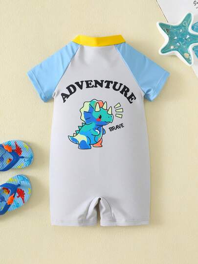 SHEIN Baby Boy Summer Casual Vacation Dinosaur Pattern Color Block One-Piece Swimsuit & Shorts, Suitable For Beach, Hot Spring, Swimming Pool