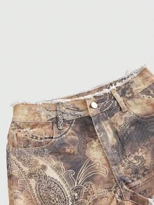 Quần short denim siêu ngắn cạp thấp, họa tiết hoa điều paisley cổ điển phong cách Y2K, viền tua rua, gợi cảm. - màu nâu - Xem 10