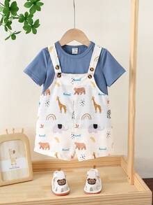 SHEIN 2件套男女宝宝通用休闲可爱蓝色T恤上衣和动物纹格子背带裤套装，夏季服装 - 彩色 - 查看 3