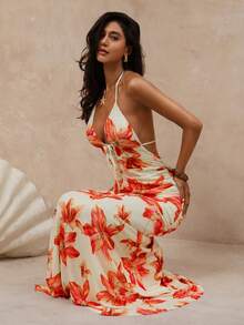 SHEIN Glamour 女士优雅性感印花露背连衣裙，夏季 - 彩色 - 查看 5