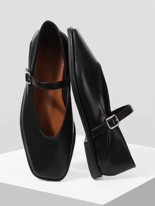 Mnmlis 女士经典舒适通勤款黑色方头玛丽珍平底鞋 - 黑色 - 查看 1