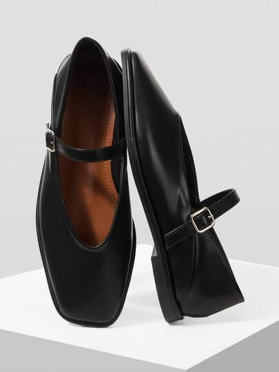 Mnmlis 女士经典舒适通勤款黑色方头玛丽珍平底鞋