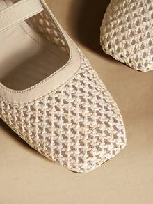 Rosivie 黑色网眼编织舒适简约透气弹力带女士平底鞋，优雅度假风和波西米亚风 - 編織網杏色 - 查看 6