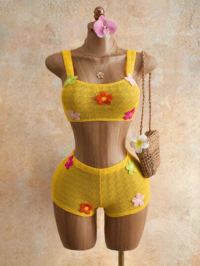 Mistrie 2026 Summer New Set Asymmetrical Women's Vest Three-Dimensional Casual Floral Decoration Vest Knitted Casual Pants Set, Decorated With Floral Patterns, Suitable For Vacation Wear. Beach