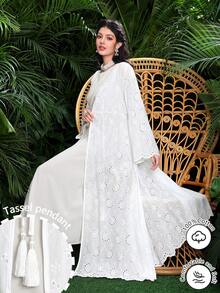 SHEIN Najma Spring/Summer Fashionable Casual Long Cotton Embroidered Open-Front Long Sleeve Wide-Hem Robe/Outerwear White Abaya Gown - White - View 3