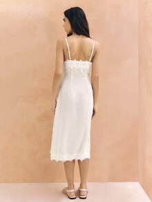 KSTM Asymmetric White Lace Slip Dress With Lace Trim Midi Length Spaghetti Strap Feminine Elegant Summer Spring Date Night Wedding Guest - Apricot - View 2