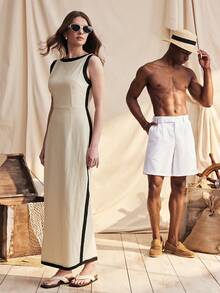 Zovinel Vestido sin mangas casual de vacaciones con ribete de bloques de color para mujer - Beis - Ver 9