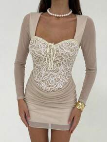 Aloruh New Romantic Sexy Low-Cut Mesh Splice Sequin Embellished Long Sleeve Mini Dress - Apricot - View 2