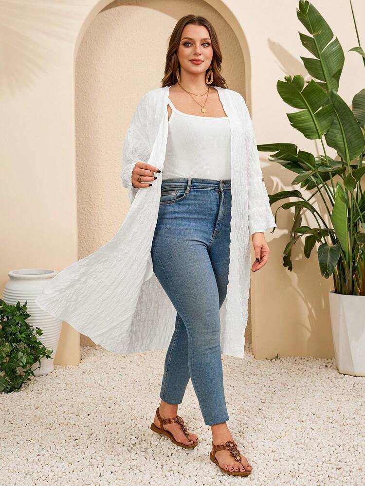 Plus Size Women Solid Color Casual Versatile Daily Wear Robe Summer Outfits Summer Clothes Spring Dress Spring Outfit Women Spring Clothing  For Women Beach Vacation Outfits For Women Vacation Dress Bohemian White Blouse White Coat