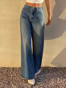 DAZY Jeans rectos de cintura media holgados, estilo casual de ciudad y calle Y2K para mujer - Azul lavado medio - Ver 3