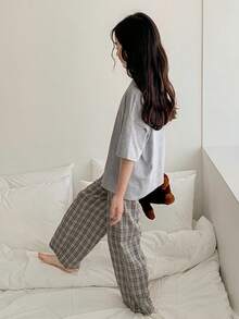 DAZY Tween Girl Cartoon Print Short Sleeve Top And Plaid Pants Pajama Set - Grey - View 6