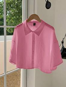 Comfortcana Women's Casual Light Pink Woven Cropped Shirt, Summer Pink Shirt Textured Shirt,Summer Top - Baby Pink - View 3