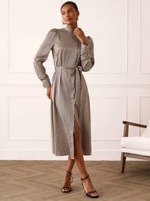 Lilora 女士几何图案长袖单排扣优雅连衣裙，端庄连衣裙，长袖中长连衣裙，法式连衣裙，优雅中长连衣裙真丝衬衫工作衬衫棕色衬衫图案上衣新款衬衫女士衬衫优雅高贵几何印花衬衫工作衬衫女士图案衬衫 - 彩色 - 查看 7