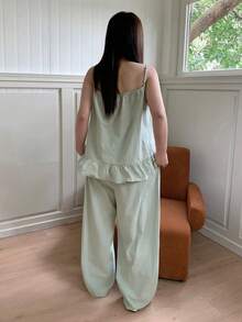 Dazy Plus 2pcs Cute Contrast Lace Loose Camisole & Long Pants Pajama Set, Spring/Summer - Mint Green - View 5