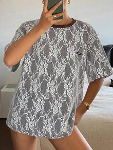 DAZY 女士花卉蕾丝圆领宽松休闲T恤 - 棕色 - 查看 5