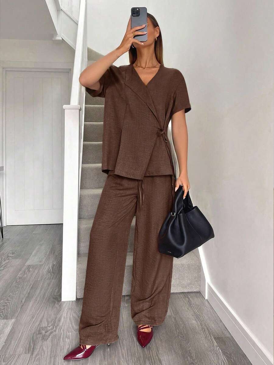 Siren Gaze 2pcs Women Coffee Brown Summer Casual Wrap Top And Pants Set ...