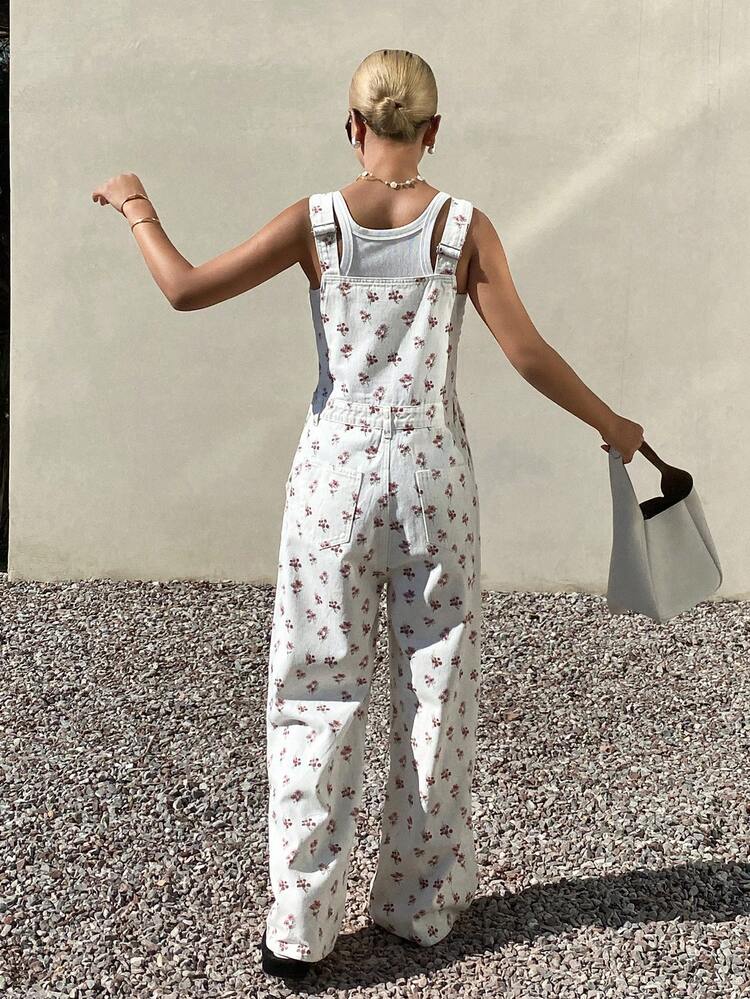 Women's Floral Print Casual Vacation Style Denim Bib Pants And Jumpsuit