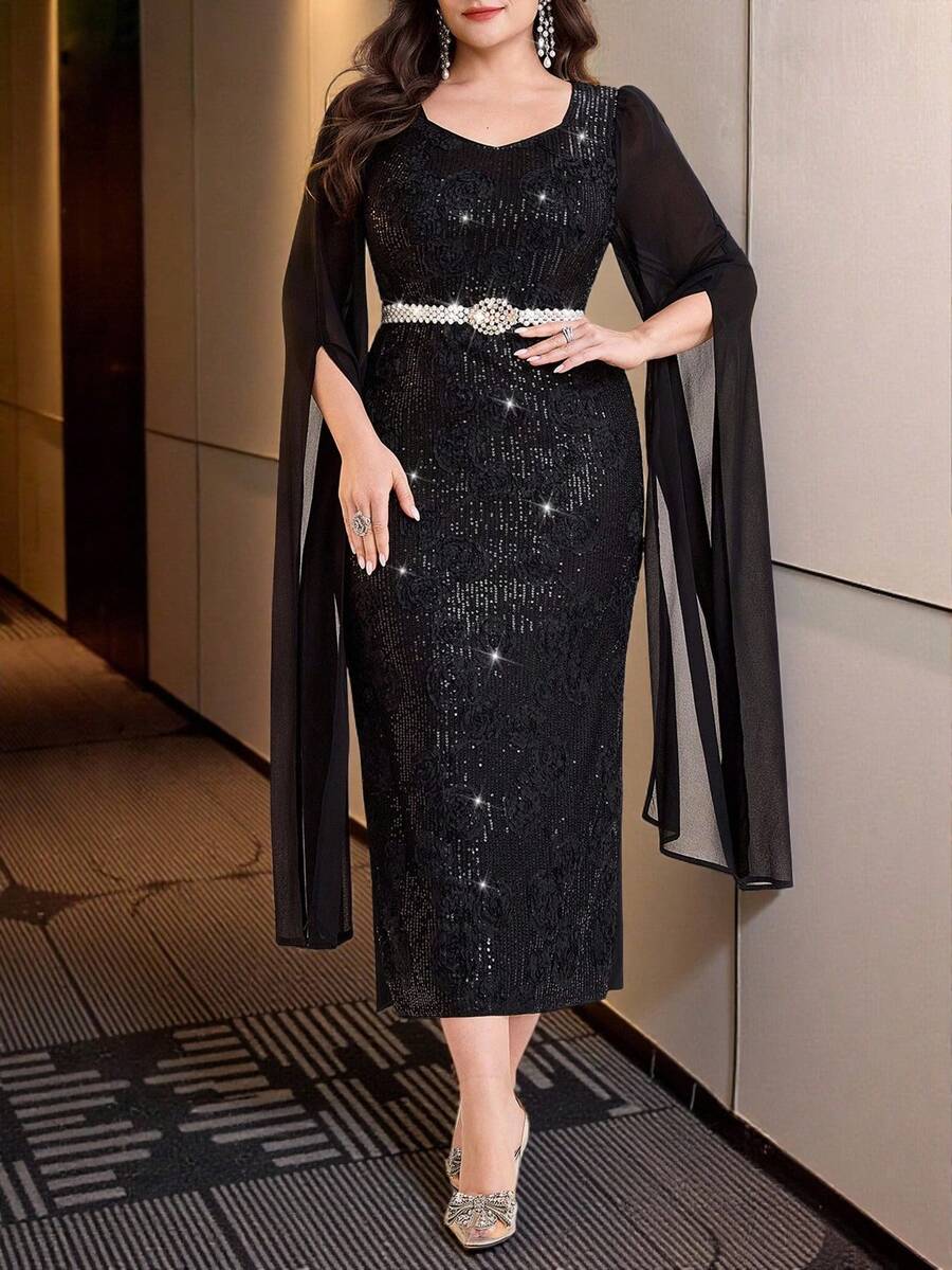 Modelyn 大码女式亮片网纱拼接超长袖派对连衣裙 - 黑色 - 查看 1