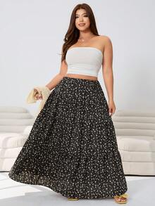 Solflare 3pcs Set:Plus Size Black And White Summer Boho Vacation Holiday Apricot Crochet Tie Top,White Knit Tube Top,Floral Layered Ruffle Midi Skirt Outfit - Multicolor - View 3