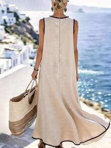 SHEIN Holidaya Women's Casual Vacation Contrast Trim Single Pocket Dress, Casual Long Dress, Spring/Summer Dress Women Vacation Dress Vacation Dinner Dress Summer Elegant Dress Beach Long Dress - Apricot - View 3