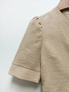 Franclia 法式极简亚麻短袖衬衫，春夏新款V领系带露脐上衣，泡泡袖收腰休闲度假工作装 - 杏色 - 查看 5