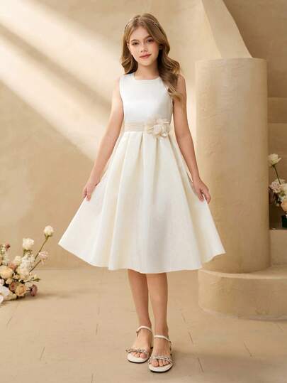 Girls' Satin Dress, Apricot Color, High-End Children's Clothing, Birthday Party Dress, Girls' Pleated Skirt