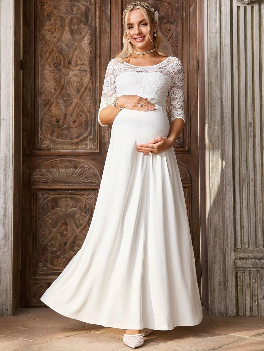 SHEIN Maternity Contrast Lace 3/4 Sleeve Elegant Dress Wedding Guest Dress Elegant Dress White Dress Birthday Outfits  For Baby Shower - White - View 1