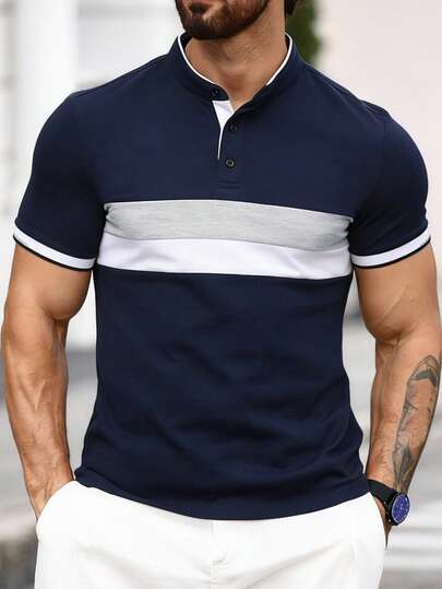 Manfinity CasualCool Camisa polo de manga corta con cuello alto para hombres, de tela de punto de ganchillo, camisa polo azul marino para hombres, camisa polo de bloques de color en contraste para hombres, regalos para esposo y novio, adecuada para salidas diarias, reuniones con amigos o fines de semana casuales, artículo versátil talla grande vendido en INS