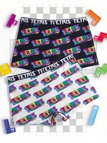 Tetris™ X SHEIN 2pcs Men's Boxer Briefs With Digital Cube & Letter Print, Elastic Waistband - Black and White - View 2