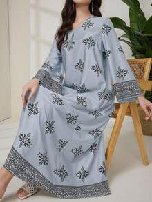 Al Najma 女士全印花流苏装饰V领长袖阿拉伯风格连衣裙 - 藍色 - 查看 1