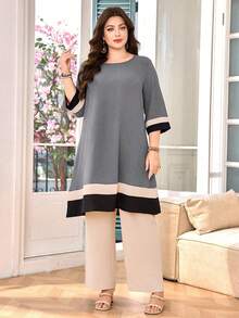Lacomfia Plus Size Casual Commuter Color Block Patchwork Top And Pants 2 Pieces Set - Light Grey - View 3