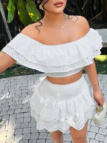 SHEIN SXY Áo kiểu trễ vai xếp bèo nhún cho kỳ nghỉ biển - trắng - Xem 8