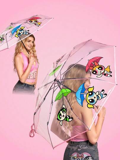 THE POWERPUFF GIRLS X SHEIN 1個 カートゥーン柄 透明折りたたみ傘、学校、仕事、屋外、日常使いに適しています。大学生、高校生、男女向けデザイン、愛、友情、花、泡、バターカップ