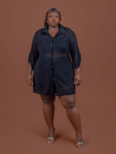 CurvyTilda 大码性感优雅亮片透视网眼宽松衬衫，适合派对、夜总会