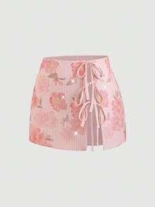 Sweetra Falda sexy y romántica para mujer con estampado floral, lentejuelas, lazo lateral y abertura alta, adecuada para la calle, el trabajo, primavera/verano - Rosa - Ver 3